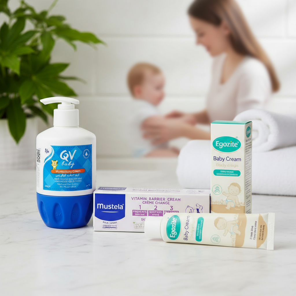 A collection of gentle baby skincare products, including lotions and creams for delicate skin.