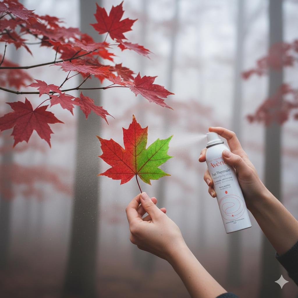 Hands spray Avène water on a red maple leaf, turning it green in a foggy forest.