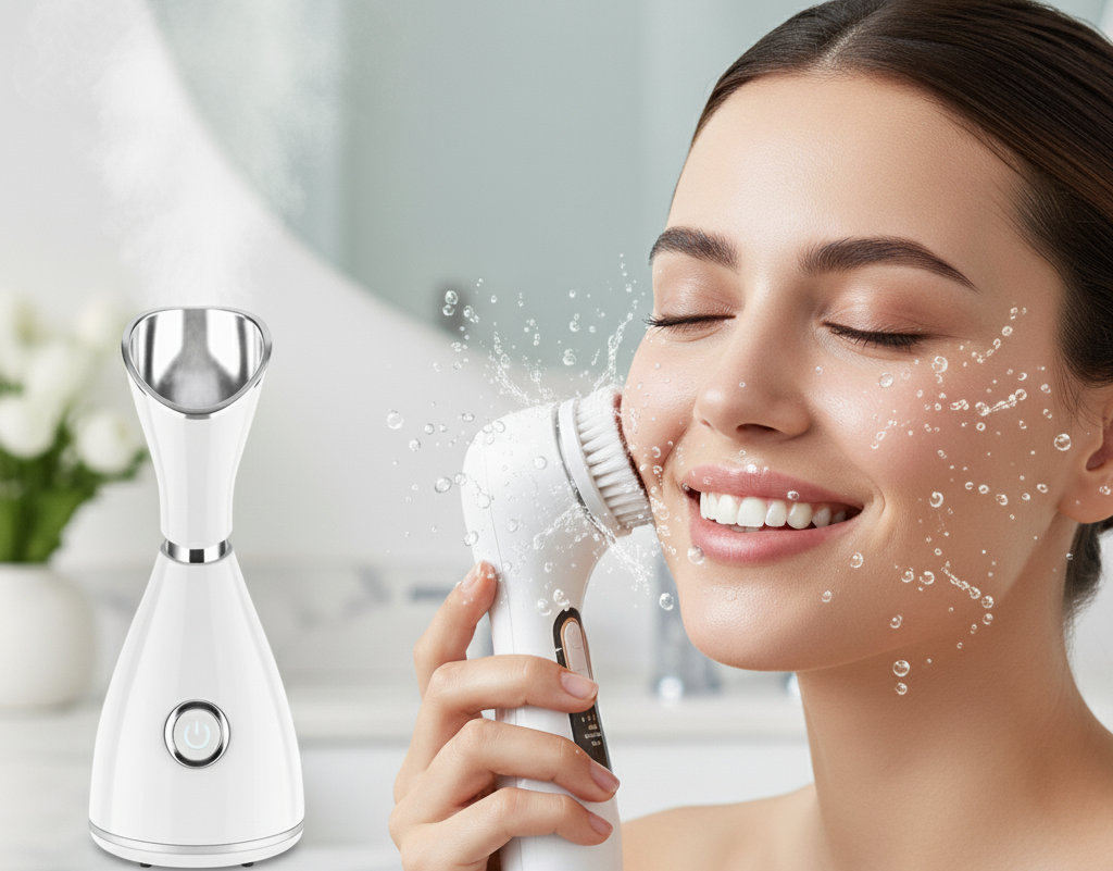 Happy woman cleansing face with electric brush, water splashing, steamer nearby