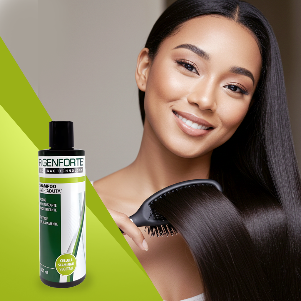 a woman with silky hair due to rigenfort shampoo