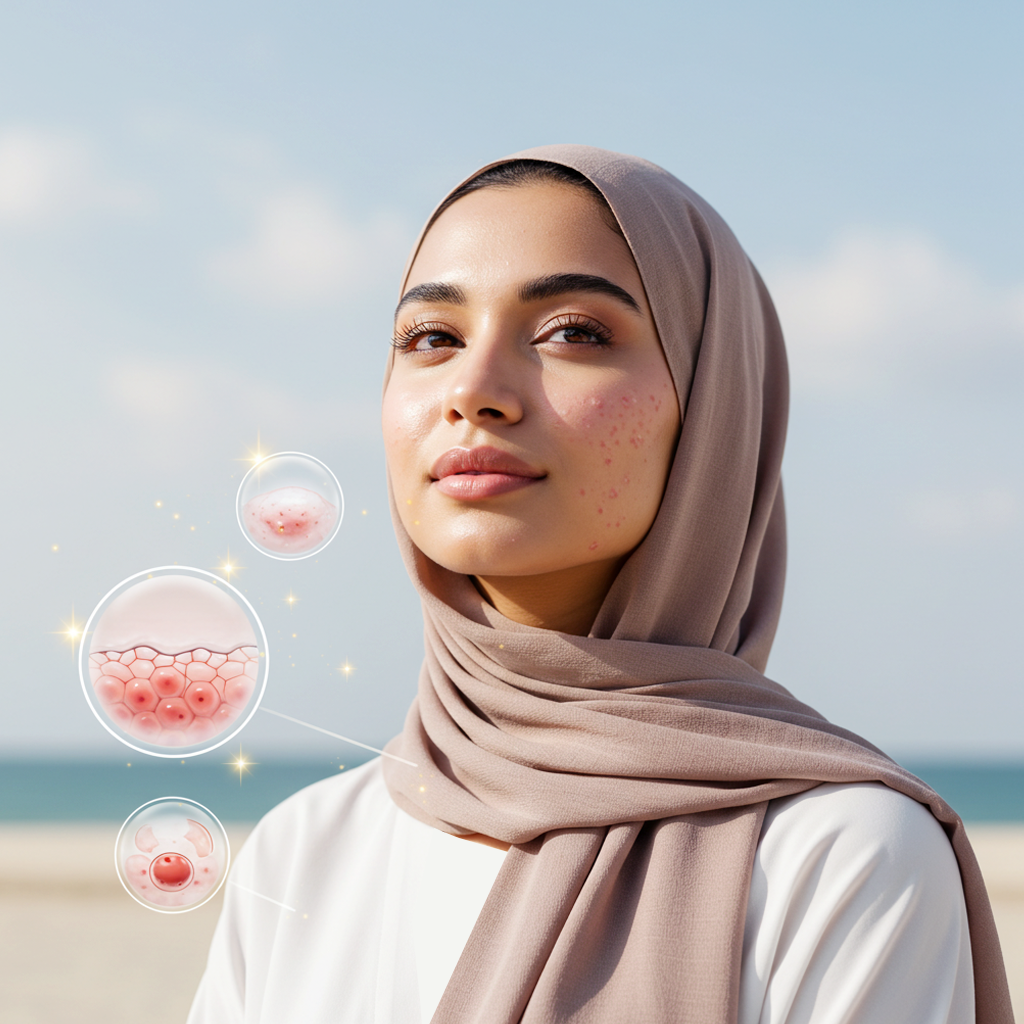 YOUNG girl has a face with acne, beside it an illustration of acne anatomy.