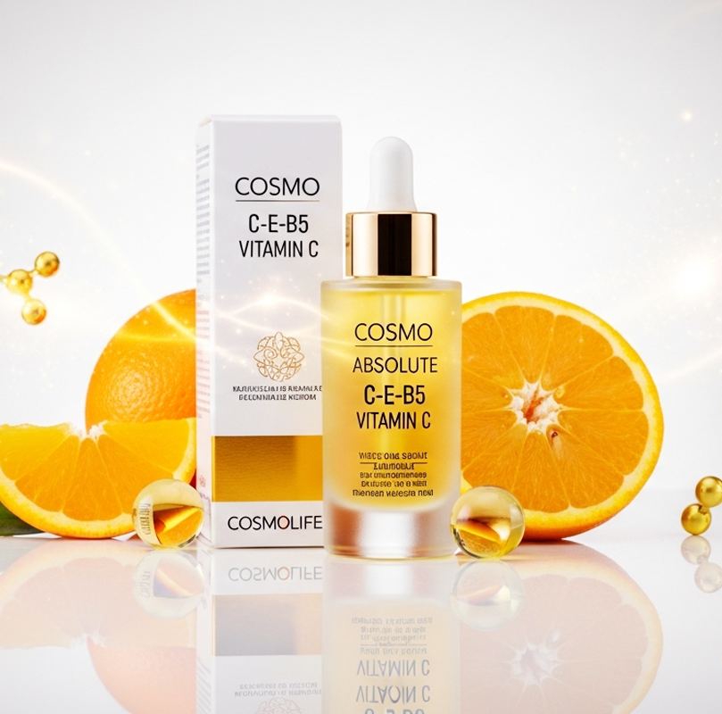 COSMO Vitamin C serum ad with orange slices and gold molecules.