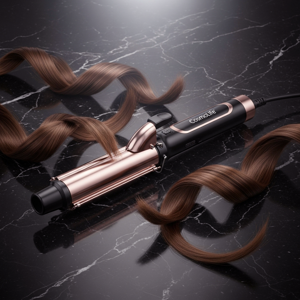 Rose gold CosmoLife curling wand creates glowing curls in dark hair.
