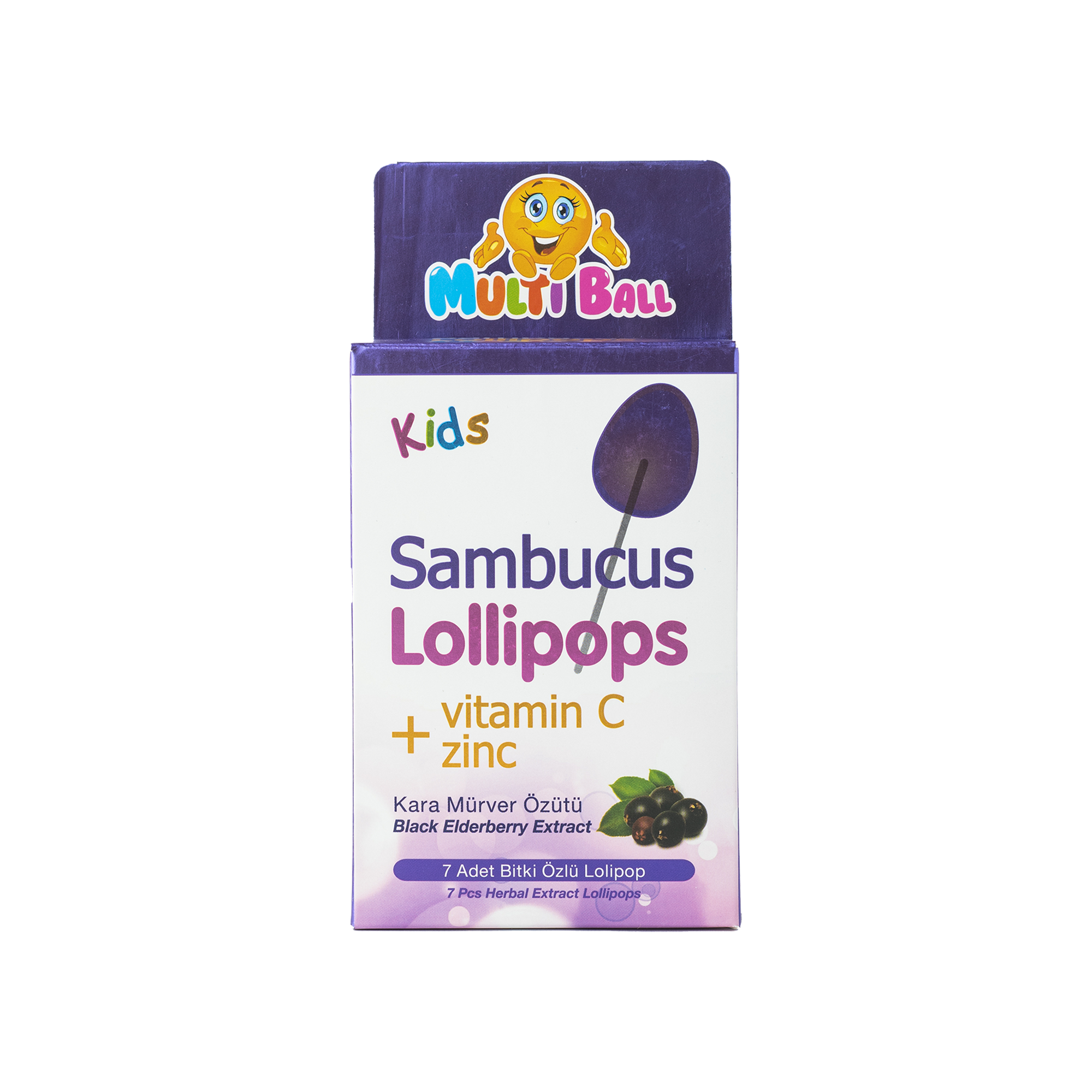 Multiball Sambucus Zinc + C Lollipops 7 Pcs Black Elderberry Flavored