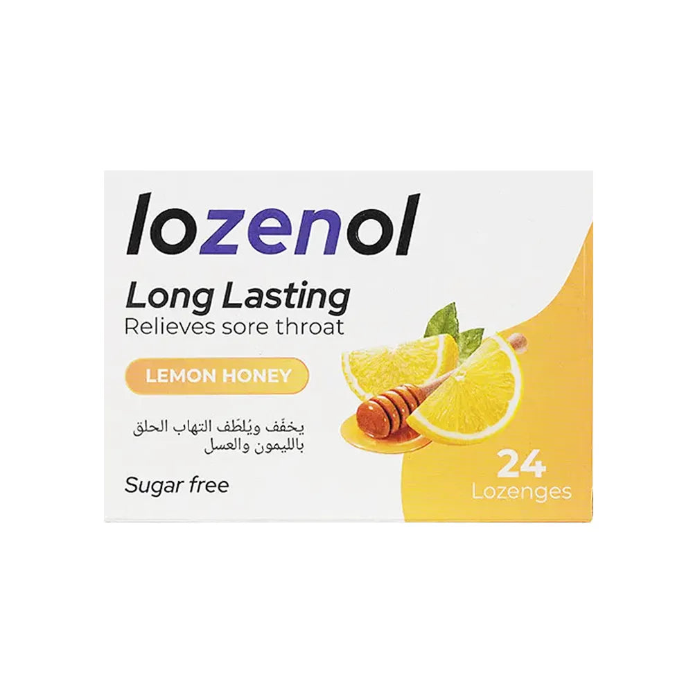 لوزينول حبوب مص لإلتهاب الحلق بالعسل والليمون خالي من السكر 24 قرص