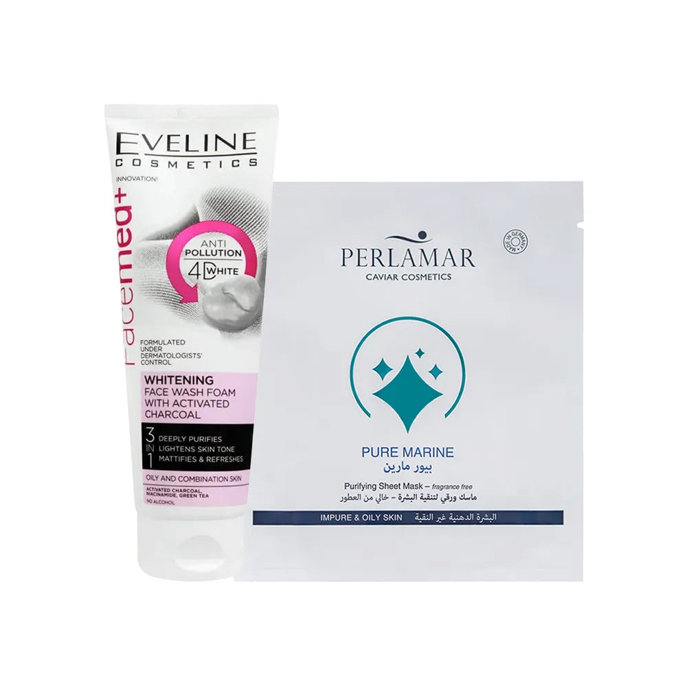 Offer Package Eveline Whitening Wash Foam With Charcoal + Perlamar Pure Marin Mask Sheet