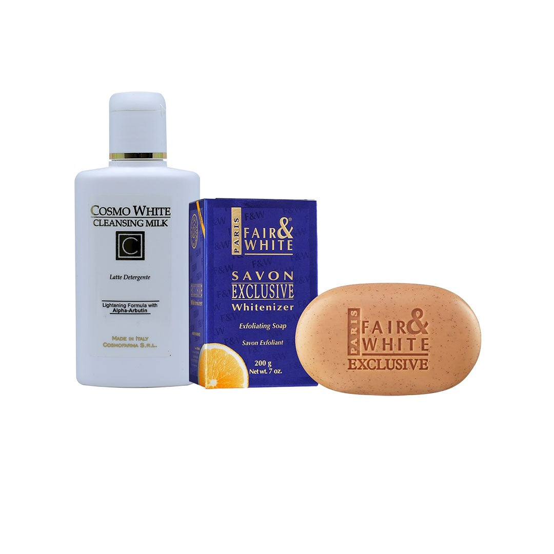 حزمة عرض حليب تنظيف كوزمو وايت + صابون تقشير فيت-سي من F&W